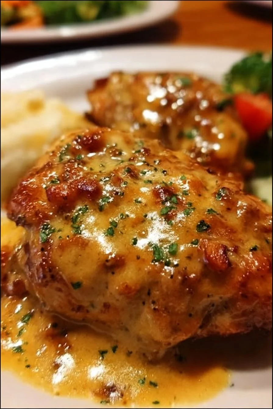 Texas Roadhouse Smothered Chicken topped with gravy and cheese