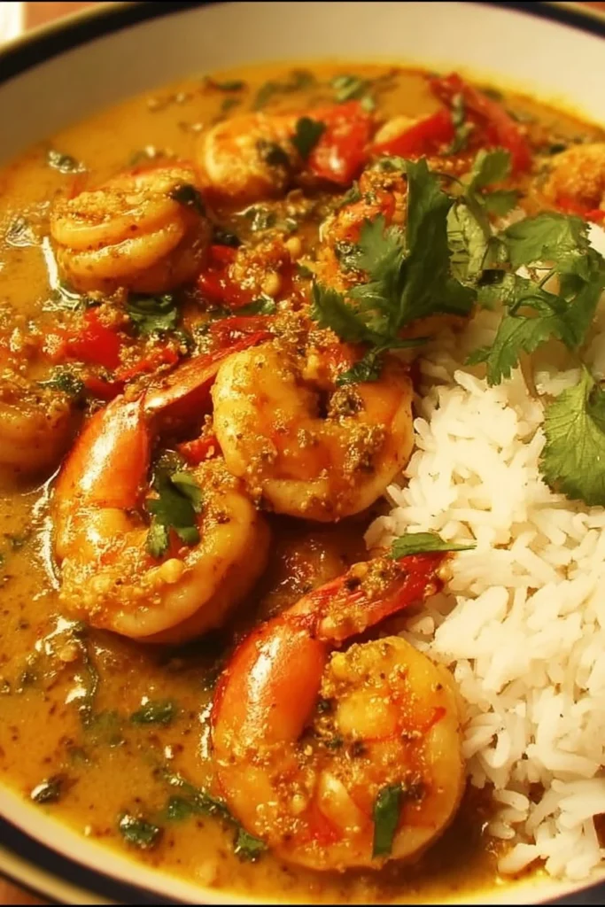 Delicious Thai Coconut Shrimp Curry served with aromatic herbs and spices