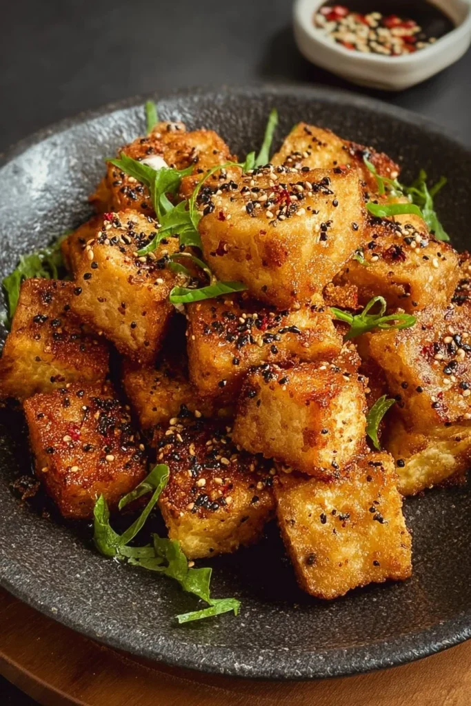 Golden crispy pan-fried tofu served on a plate with garnish.