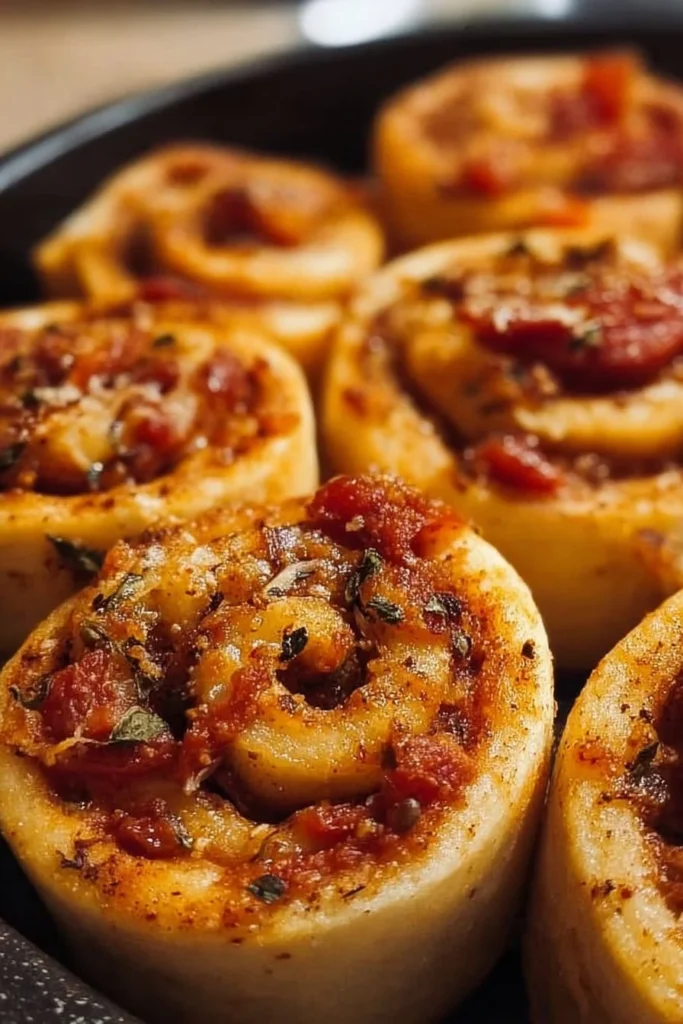 Delicious vegan pizza rolls on a wooden board, garnished with herbs.