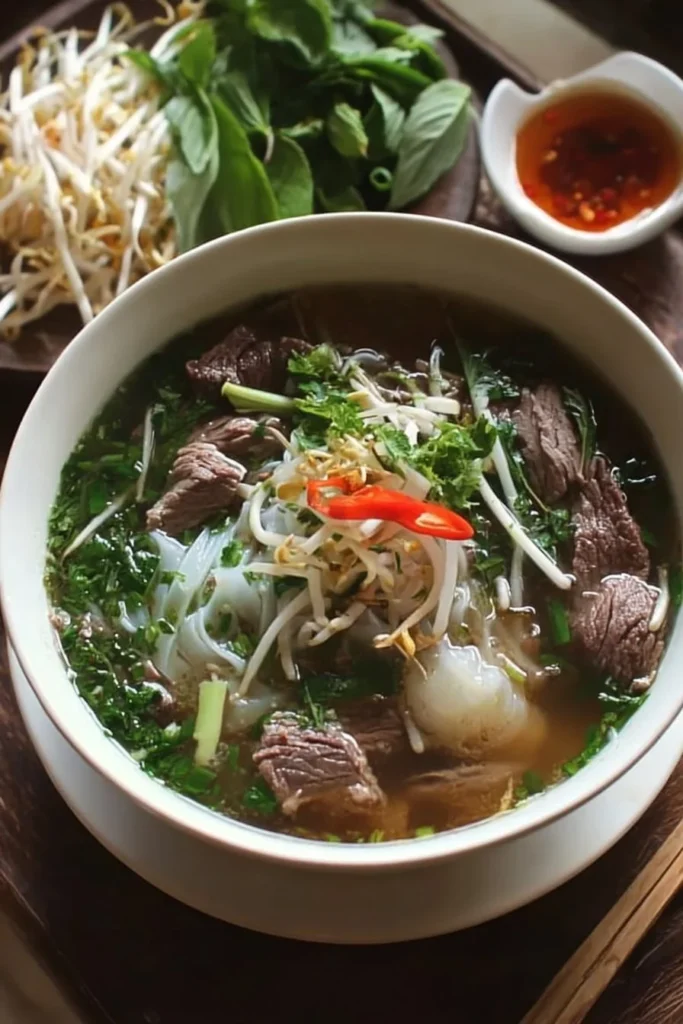 A bowl of Vietnamese beef pho noodle soup garnished with fresh herbs and lime.