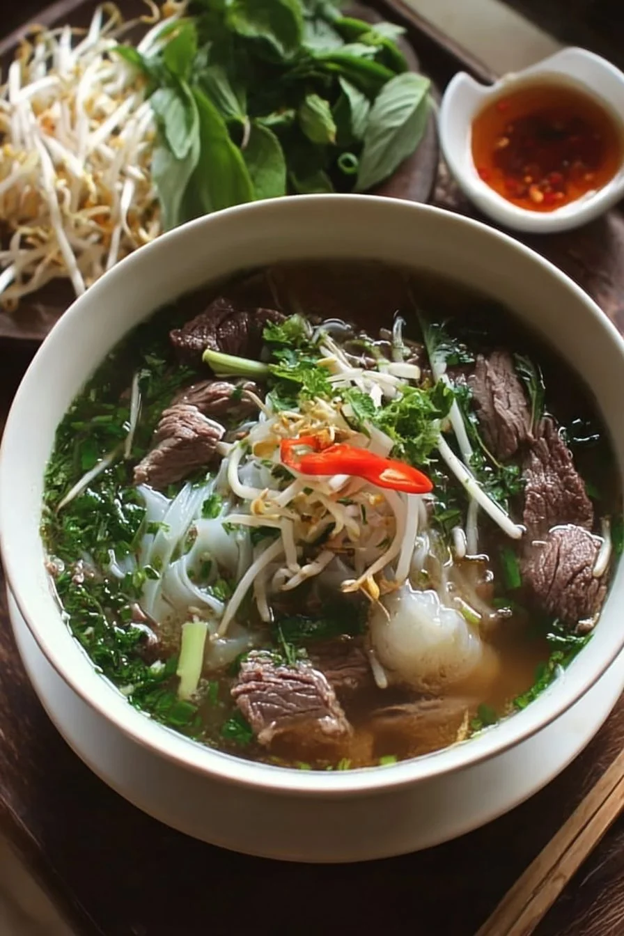 A bowl of Vietnamese beef pho noodle soup garnished with fresh herbs and lime.