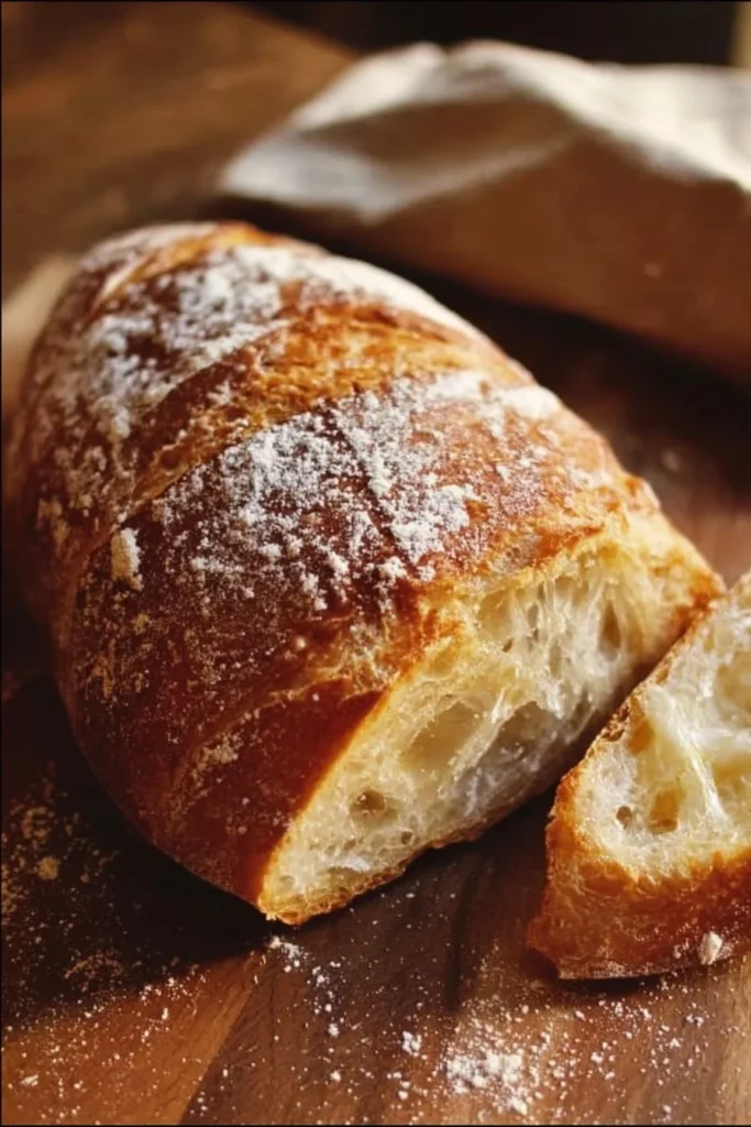 Freshly baked warm, crusty Italian bread loaves on a wooden cutting board