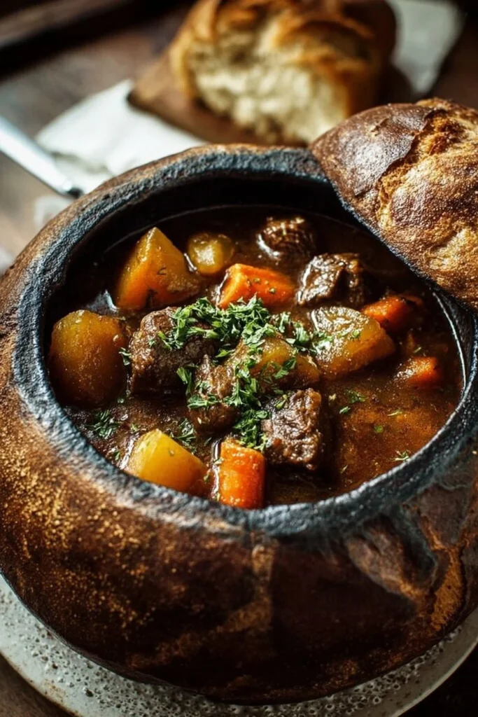 Warm and inviting Witch's Cauldron Beef Stew simmering in a pot.