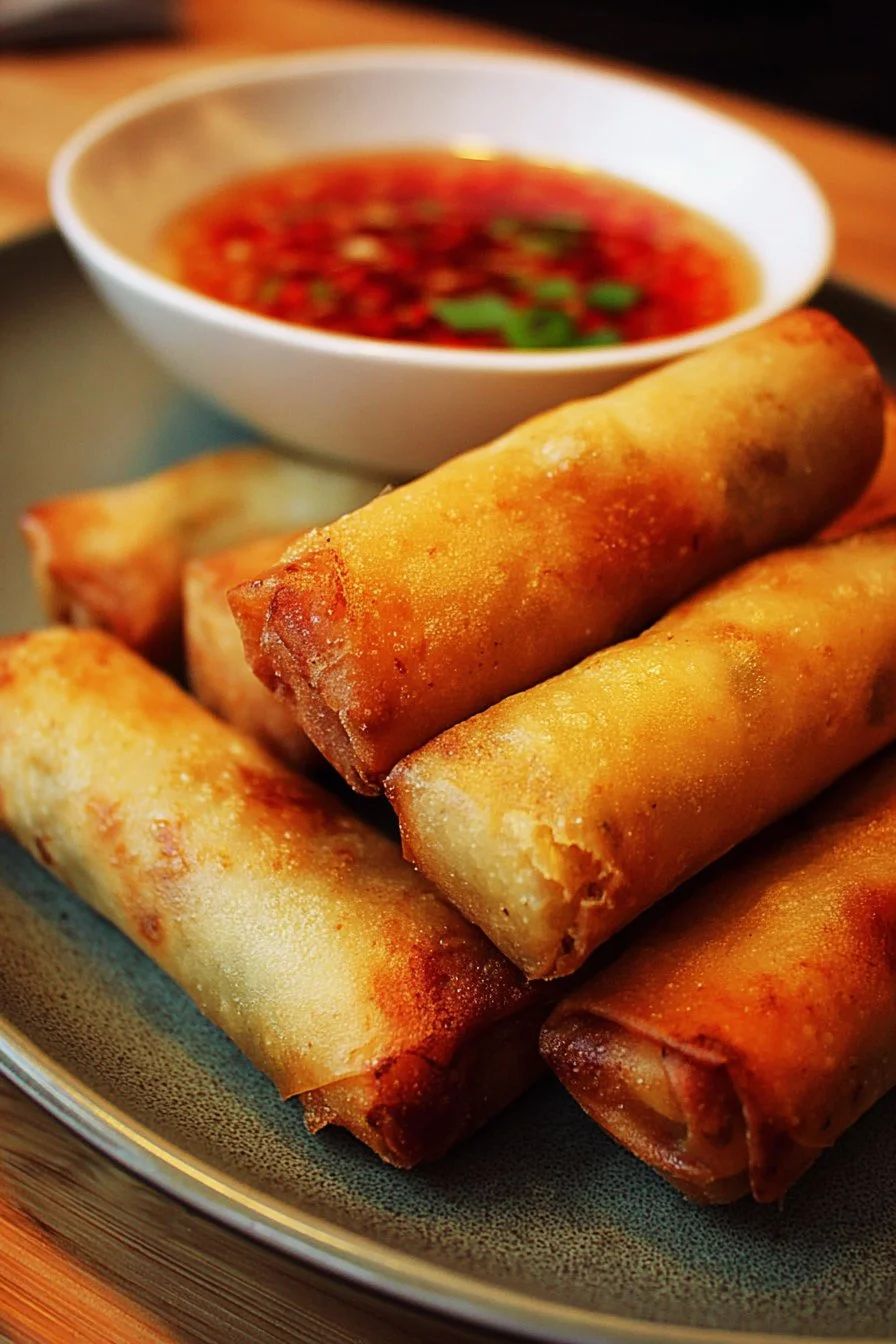 Crispy air fryer spring rolls served with dipping sauce