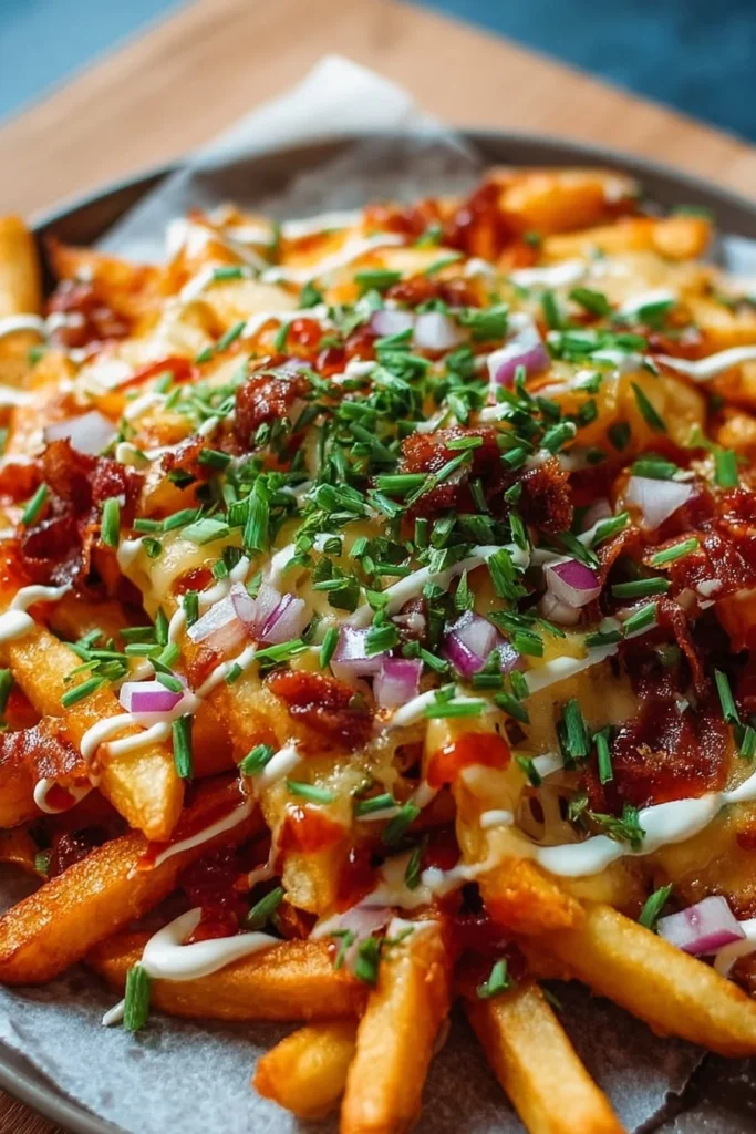 Delicious plate of amazing loaded fries topped with cheese, bacon, and jalapeños.