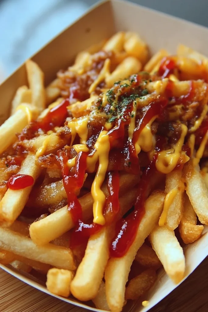 Delicious Animal Style Fries topped with cheese, onions, and special sauce.