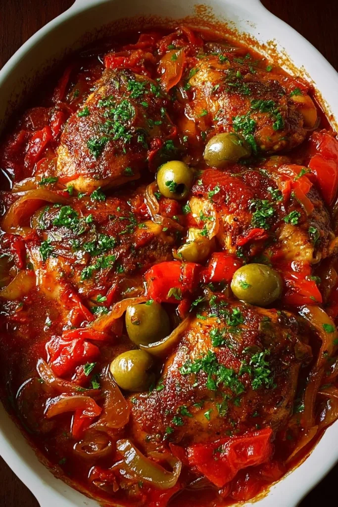 Baked Chicken Cacciatore served with vegetables and herbs in a rustic dish