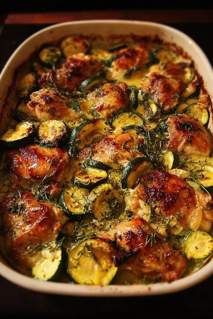 Baked chicken served with fresh zucchini on a plate