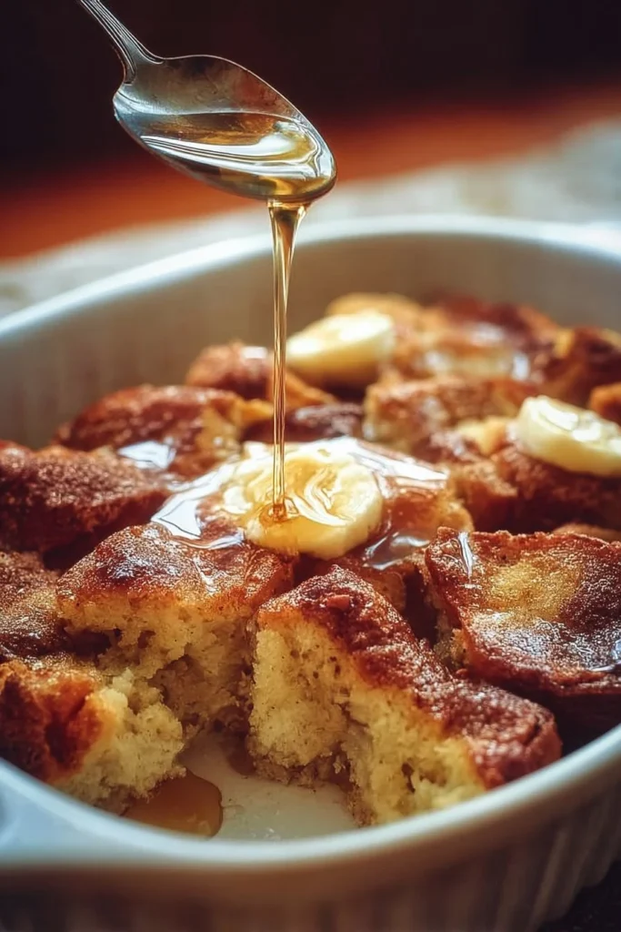 Delicious baked French toast casserole topped with syrup and berries