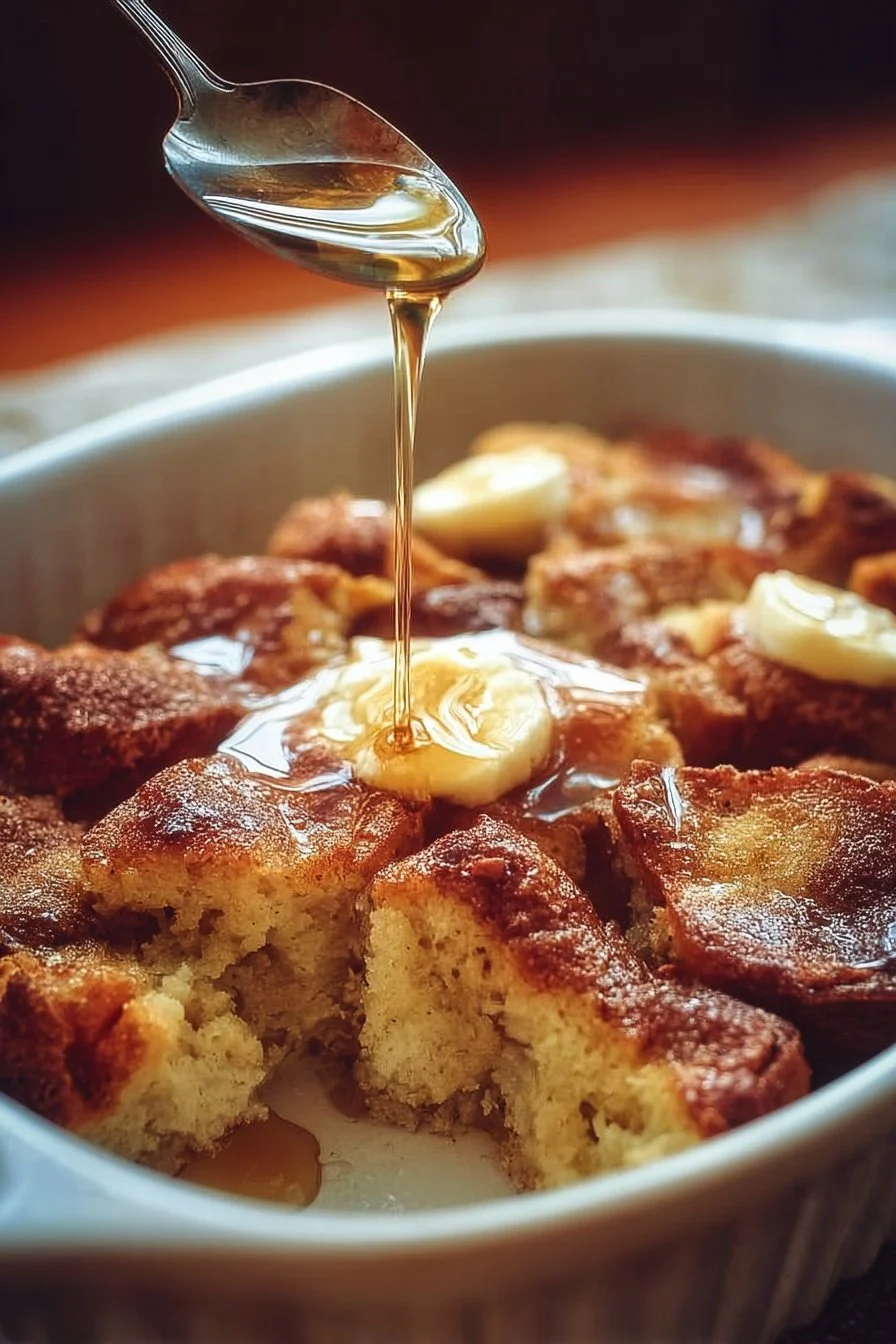 Delicious baked French toast casserole topped with syrup and berries