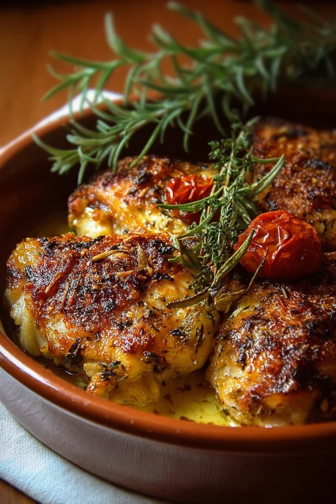 Plate of baked Tuscan-style chicken with herbs and vegetables