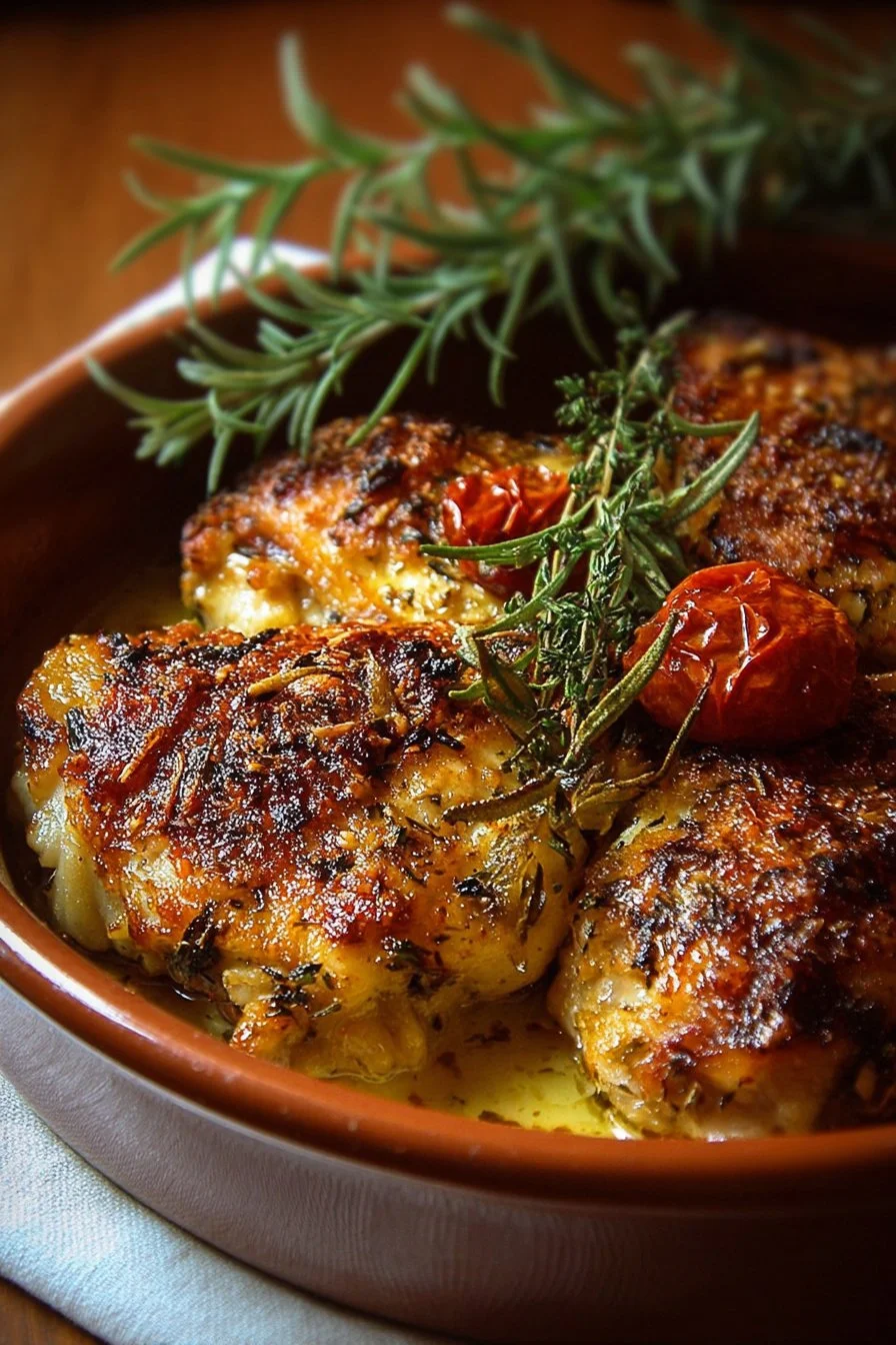 Plate of baked Tuscan-style chicken with herbs and vegetables