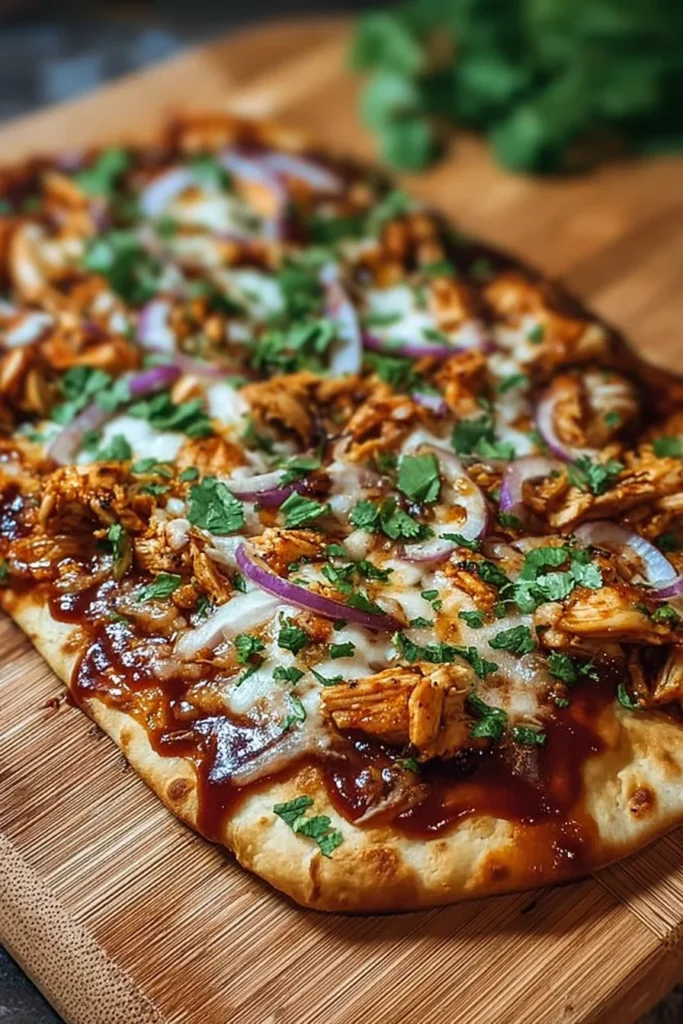 BBQ chicken flatbread pizza topped with grilled chicken and tangy BBQ sauce
