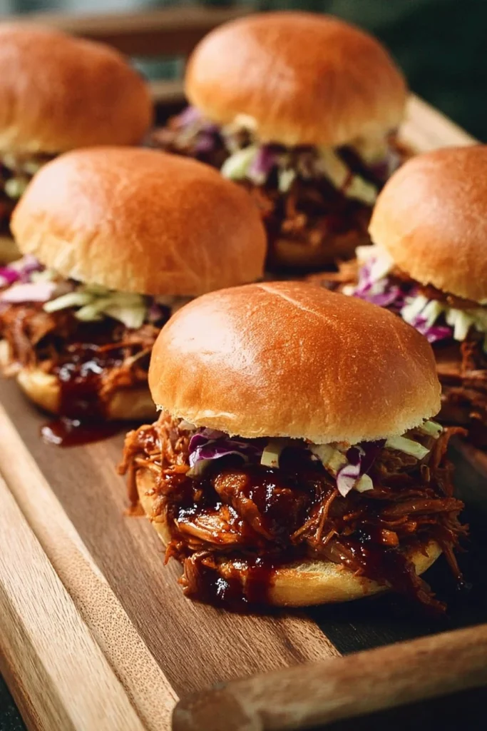 Delicious BBQ pulled pork sliders served on a platter with toppings.