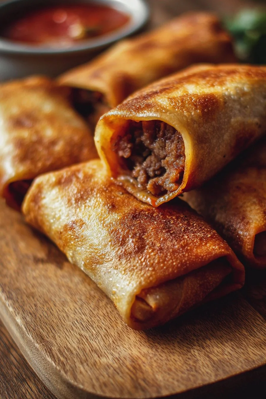 Delicious Beef and Cheese Chimichangas topped with sauce and garnished.