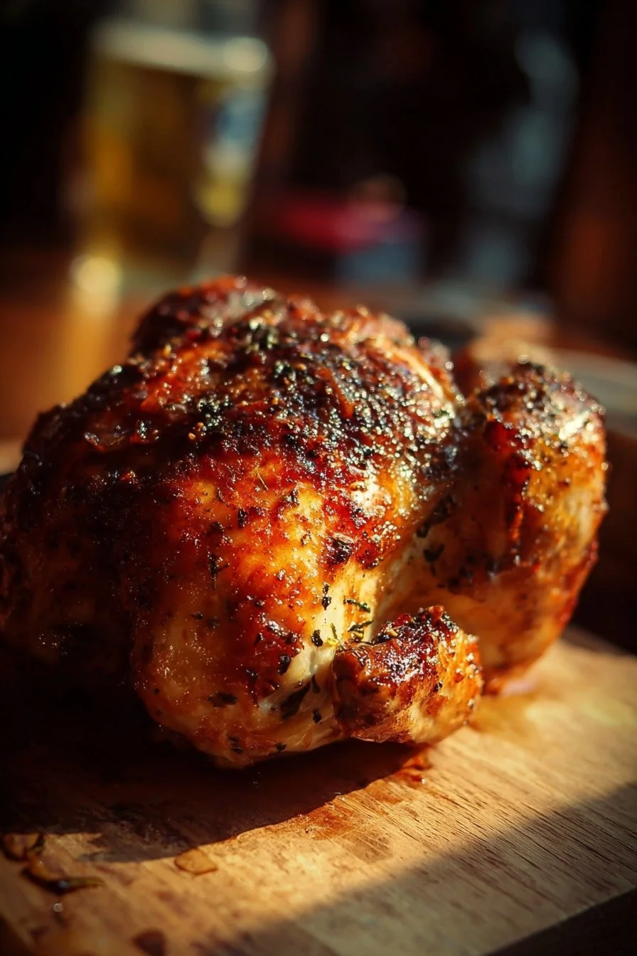 Delicious Beer-Can Chicken on a grill with beer can inserted.