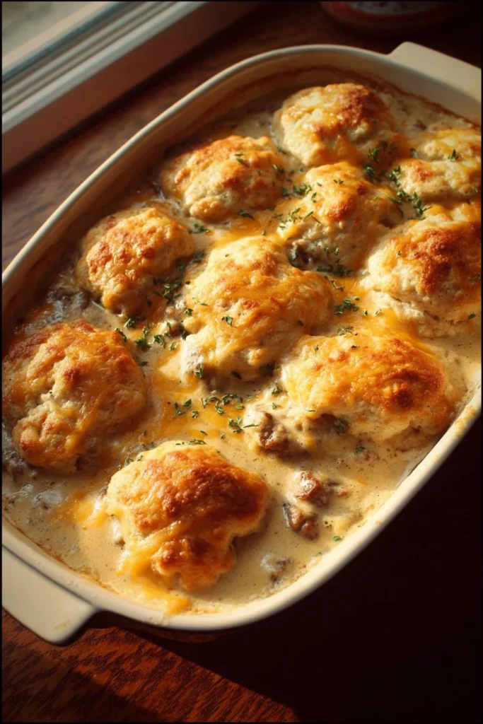 Biscuits and Gravy Casserole served on a plate with sausage gravy