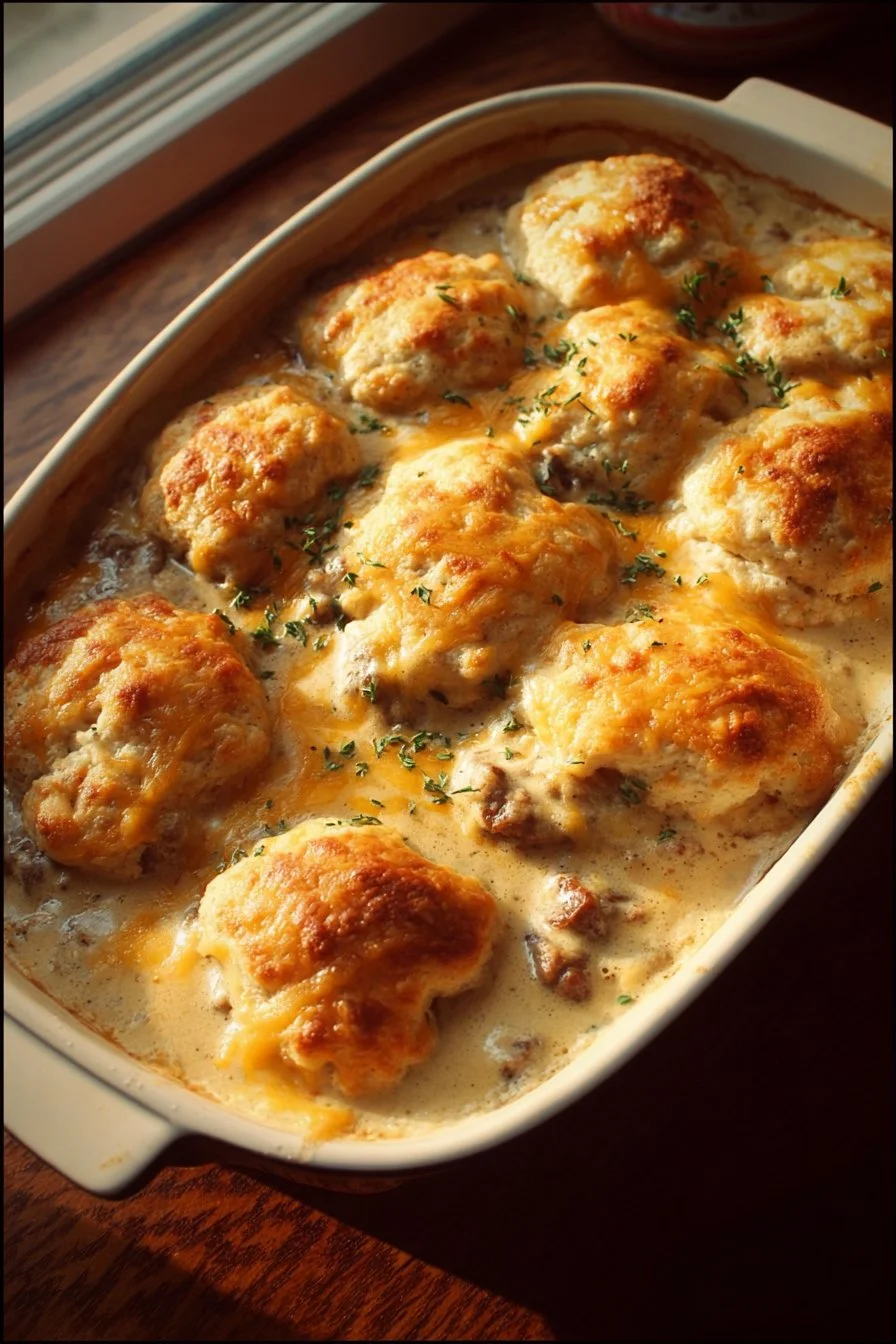 Biscuits and Gravy Casserole served on a plate with sausage gravy
