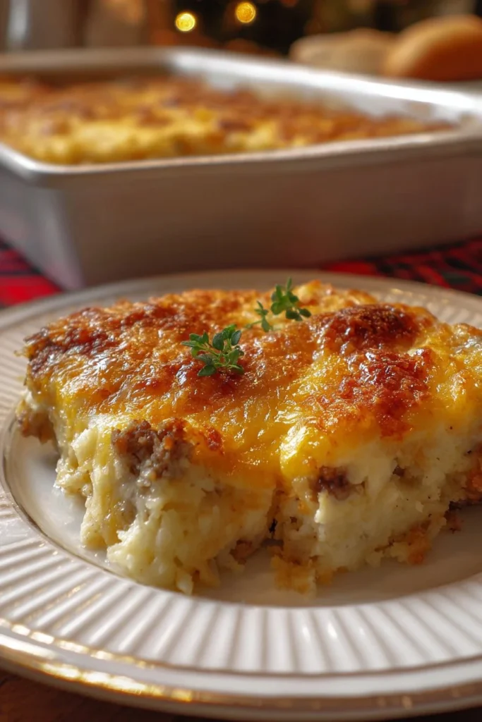 Biscuits and gravy hashbrown breakfast casserole served in a baking dish