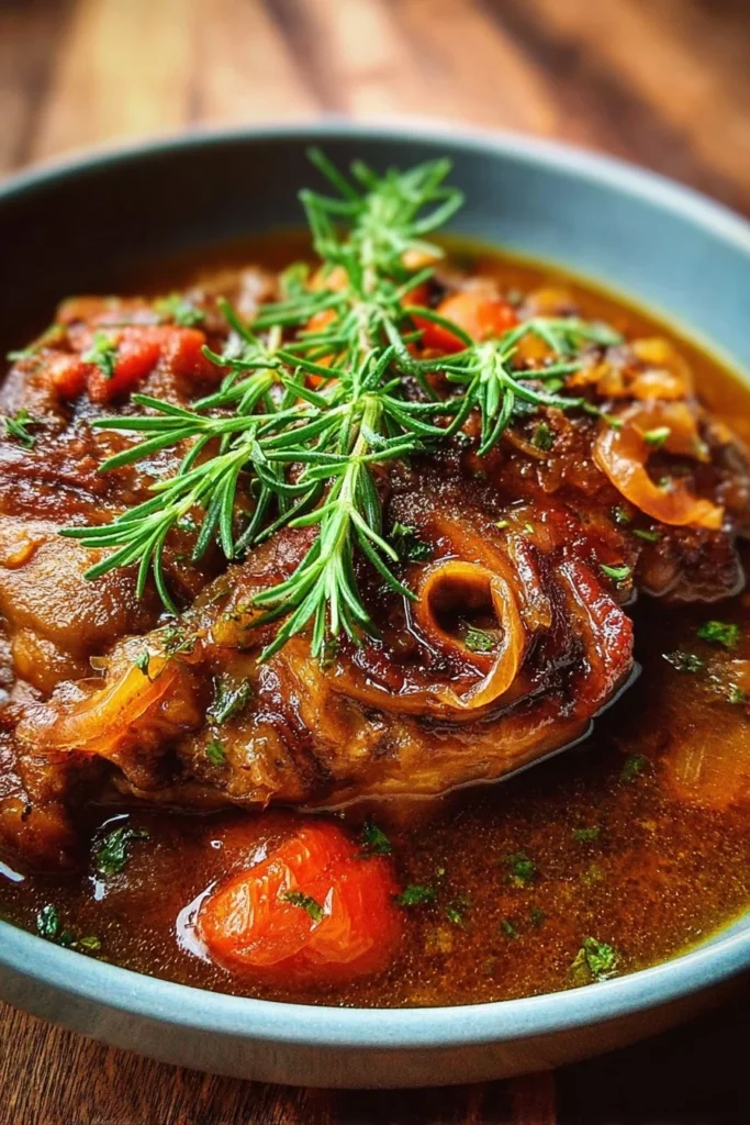 Braised Chicken Thigh Osso Bucco served with herbs and aromatic vegetables