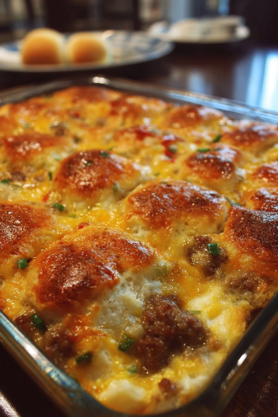 Delicious breakfast casserole with sausage and biscuits ready to serve.