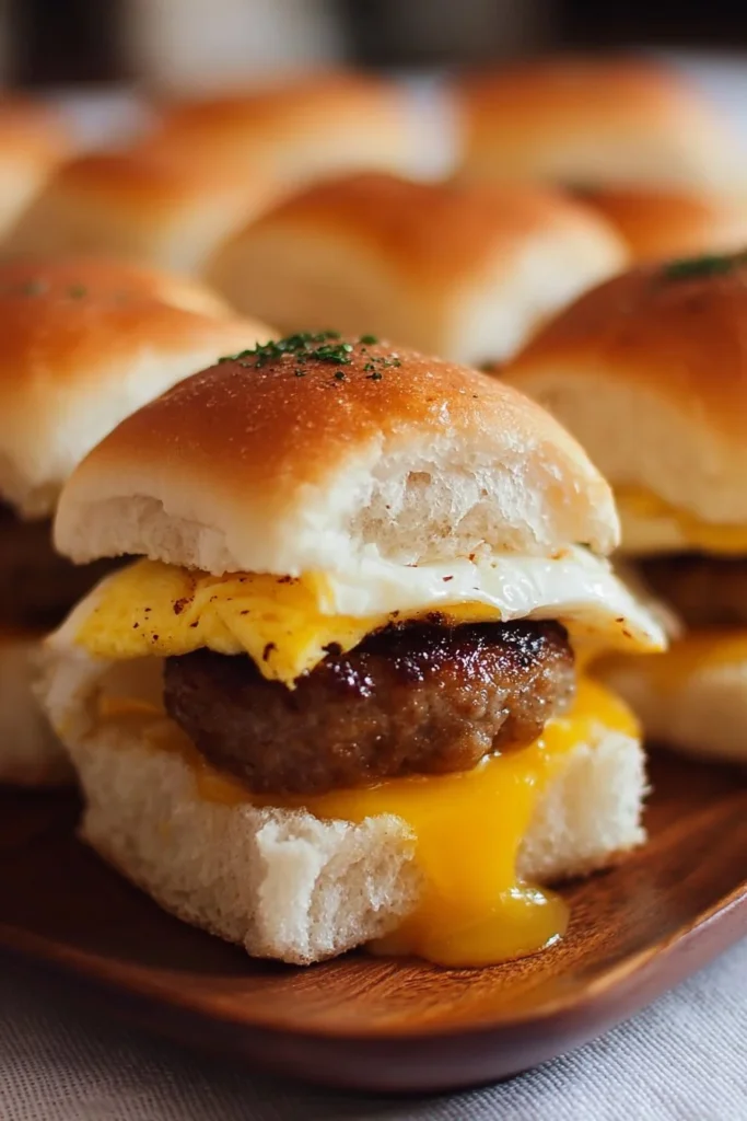 Breakfast egg and sausage sliders served on a plate