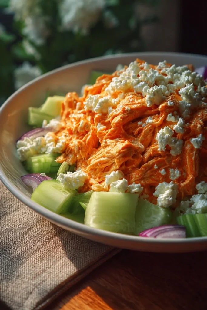 Buffalo Chicken Salad with Cottage Cheese served in a bowl