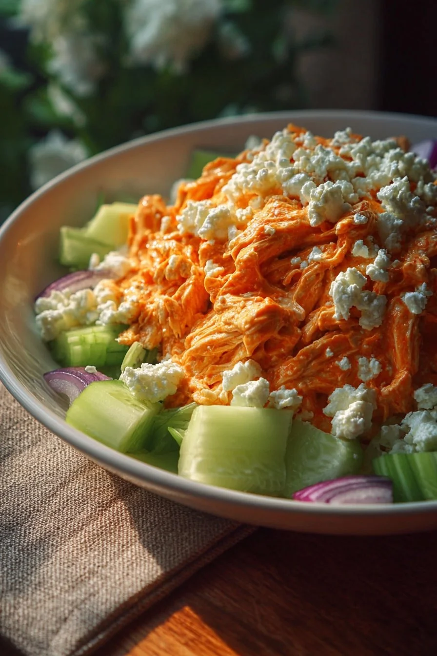 Buffalo Chicken Salad with Cottage Cheese served in a bowl