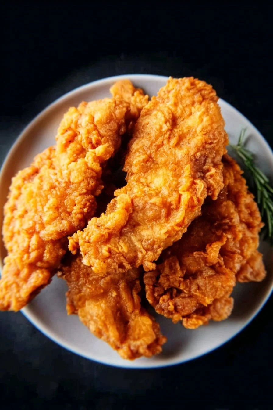 Crispy buttermilk chicken tenders with herbs and spices on a plate