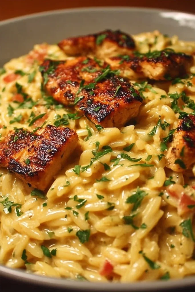 Creamy Cajun Chicken Alfredo Orzo topped with spices and herbs