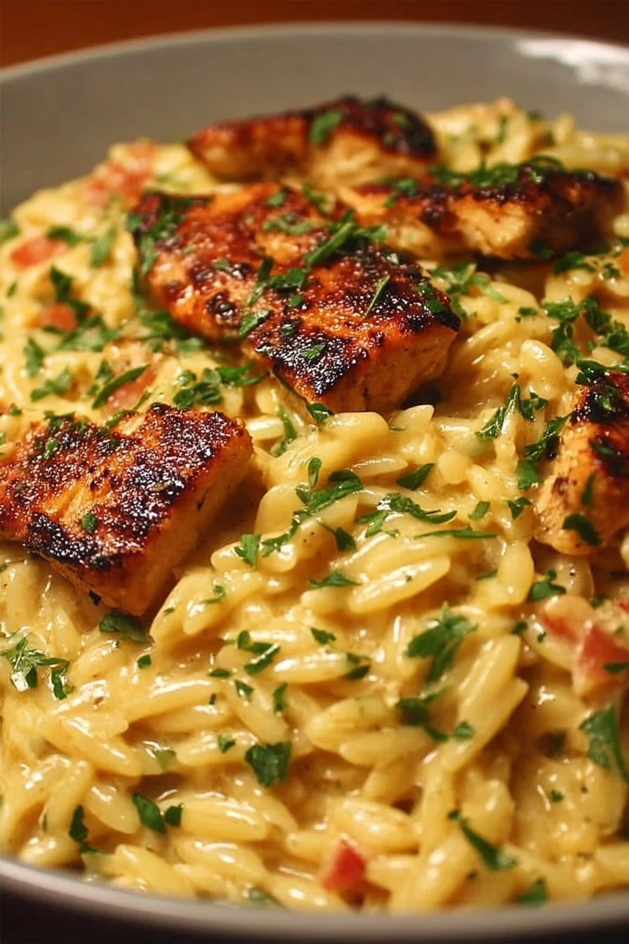 Creamy Cajun Chicken Alfredo Orzo topped with spices and herbs