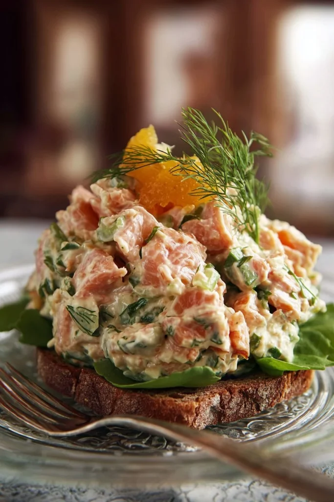 Delicious canned salmon salad served in a bowl, garnished with greens and vegetables