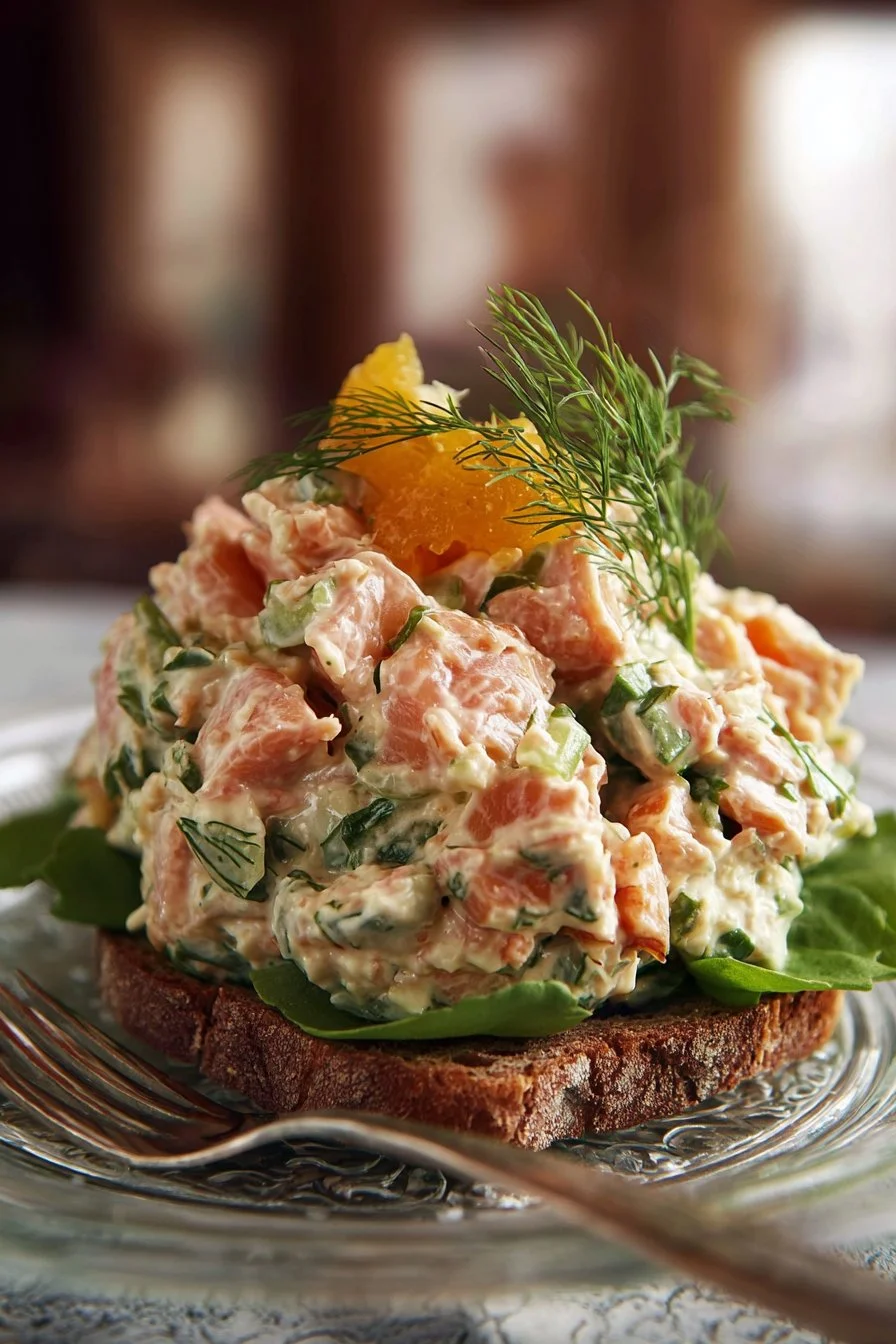 Delicious canned salmon salad served in a bowl, garnished with greens and vegetables