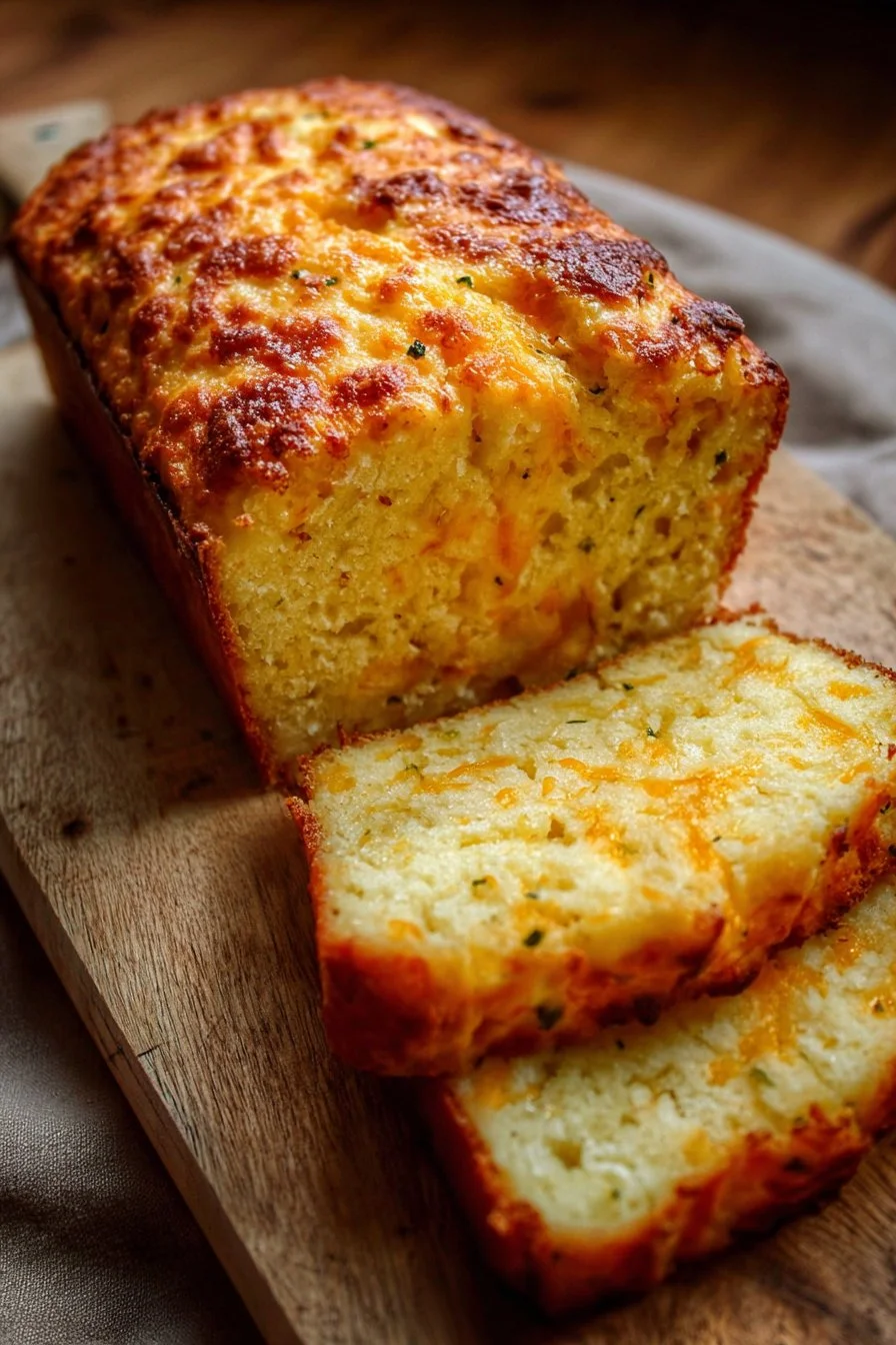Delicious cheddar cheese quick bread with a golden crust