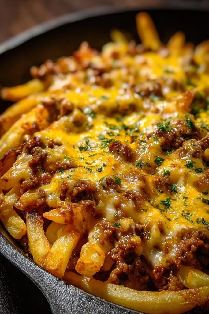Cheeseburger Casserole topped with golden French fries on a baking dish