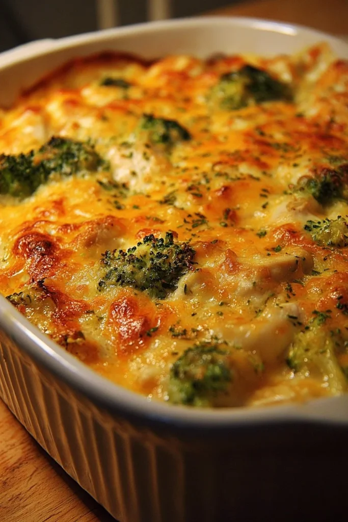 Cheesy Chicken and Broccoli Casserole baked to perfection with a creamy topping.