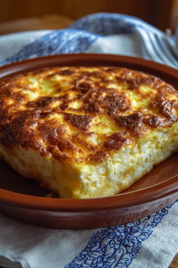 Cheesy cottage cheese casserole topped with herbs and cheese, served in a baking dish