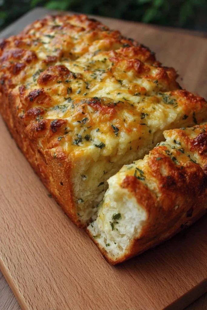 Delicious cheesy garlic bread loaf fresh out of the oven