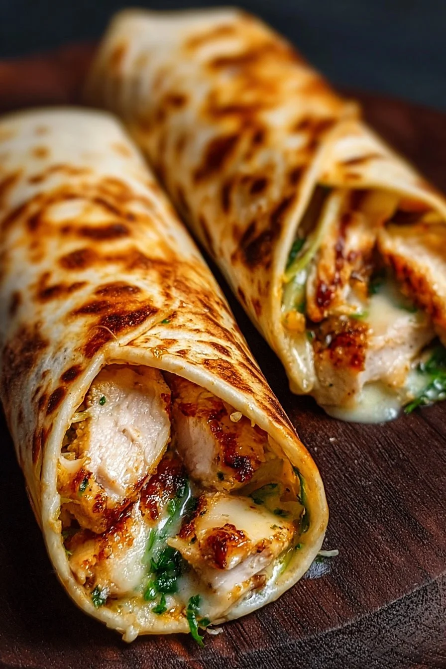 Delicious cheesy garlic chicken wraps ready to serve and enjoy.