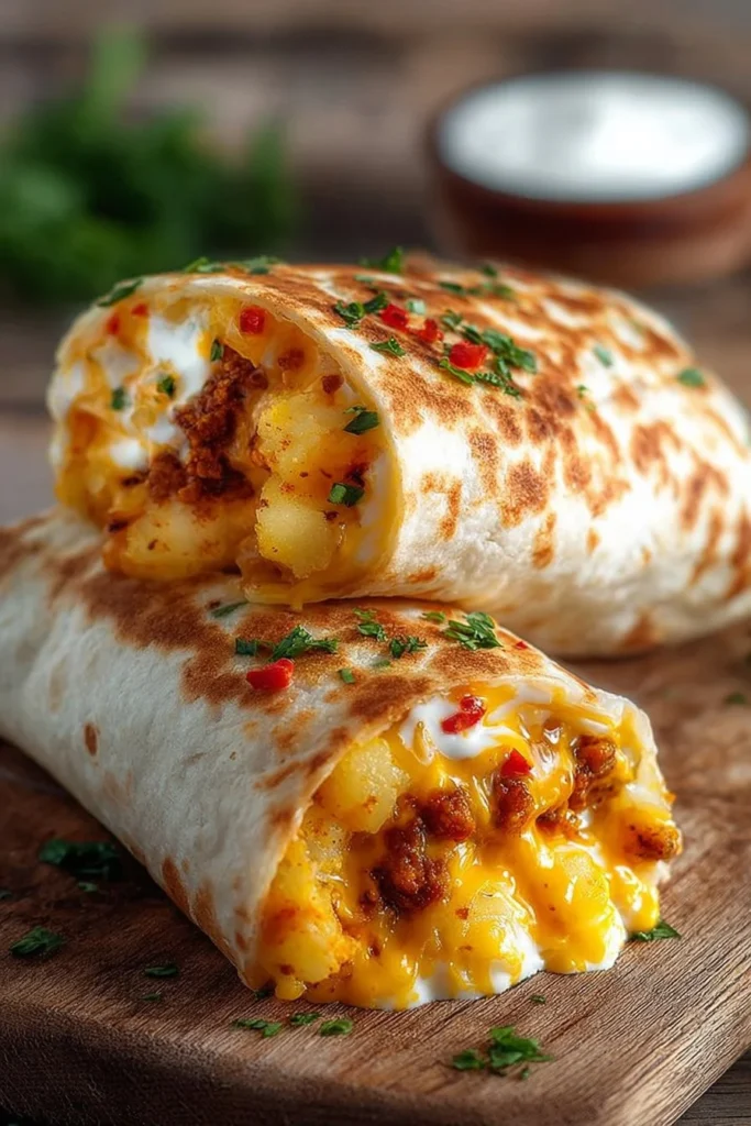 Cheesy potato burritos wrapped in soft tortillas, served on a plate.