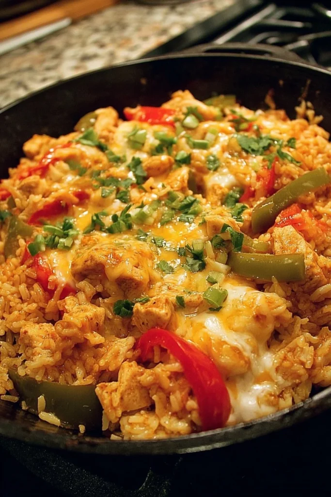 Cheesy queso chicken fajita rice skillet garnished with fresh herbs