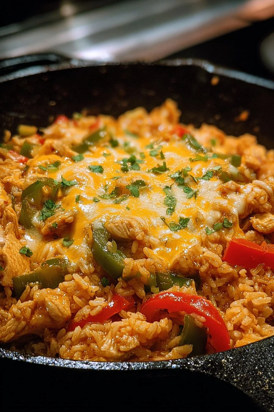 Cheesy Queso Chicken Fajita Rice Skillet prepared and served in a skillet