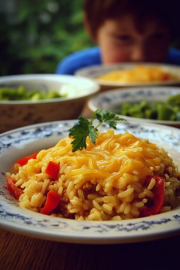 Delicious cheesy rice with colorful peppers served in a bowl