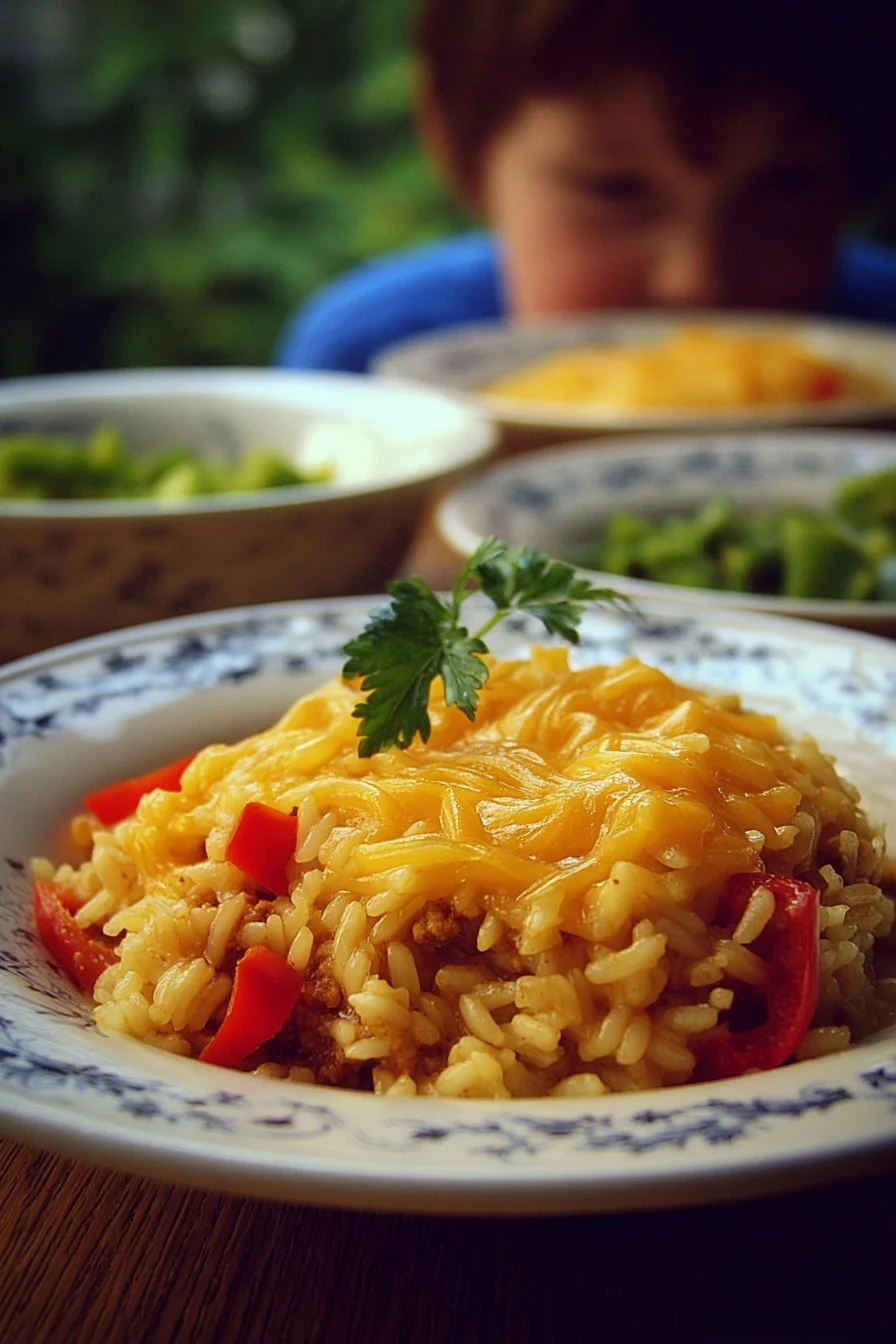 Delicious cheesy rice with colorful peppers served in a bowl
