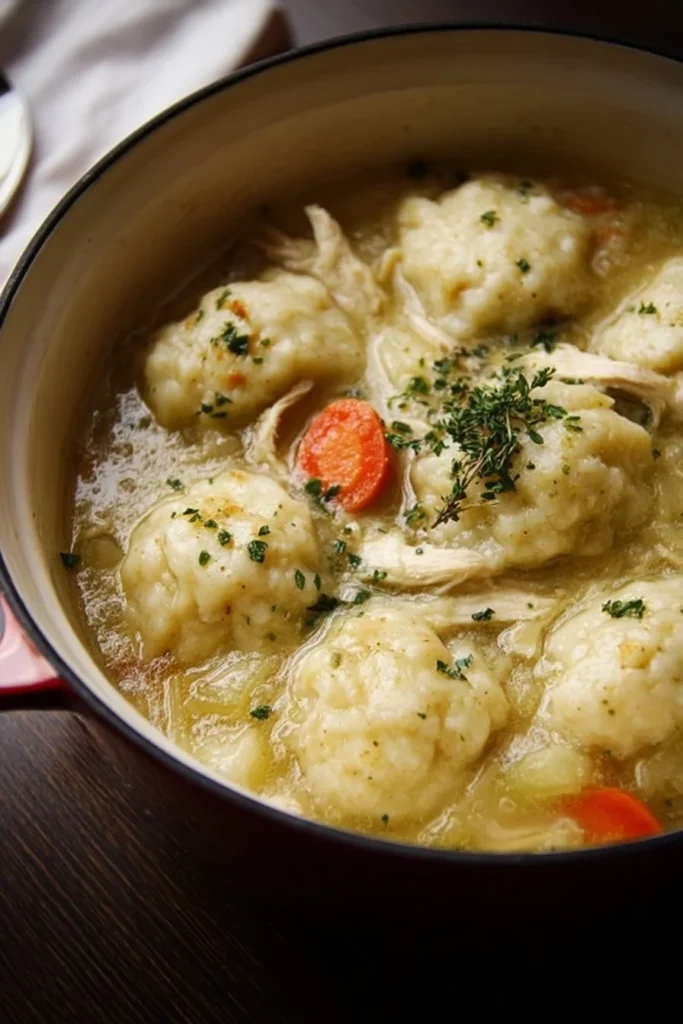 Delicious bowl of homemade chicken and dumplings served with fresh herbs