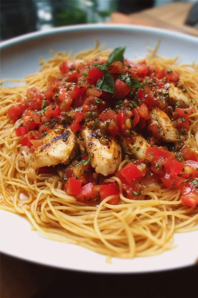 Delicious Chicken Bruschetta Pasta with fresh tomatoes and basil.