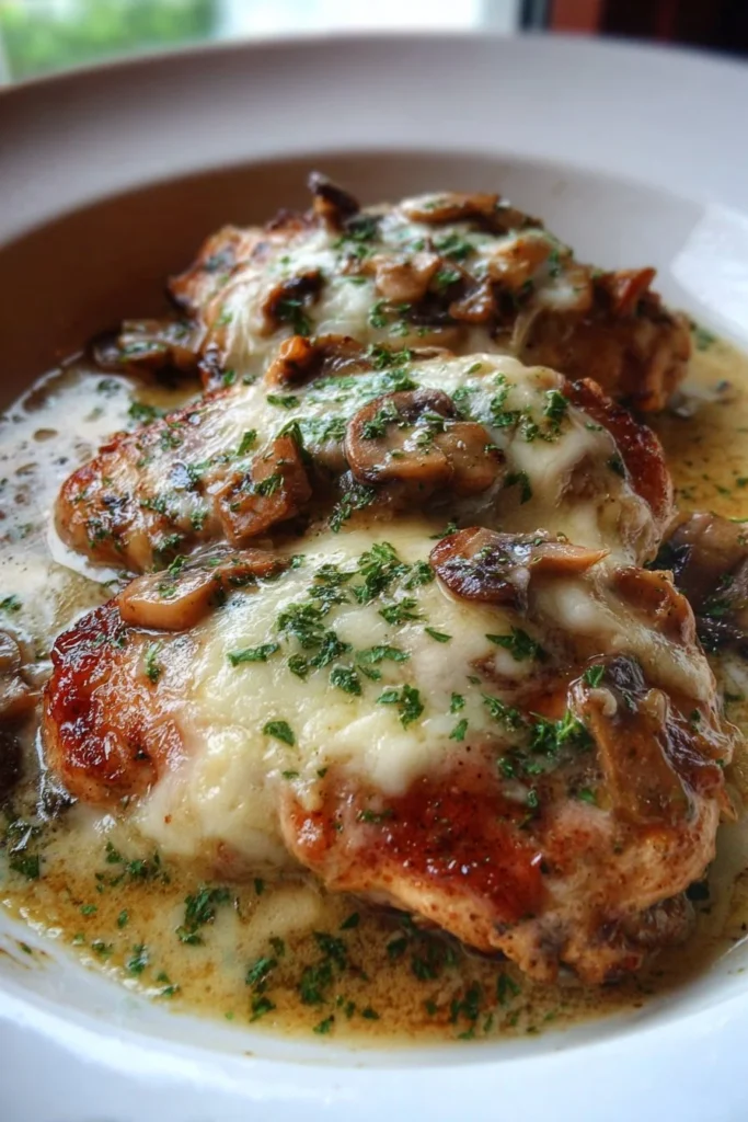 Delicious Chicken Lombardy served with mushrooms and cheese