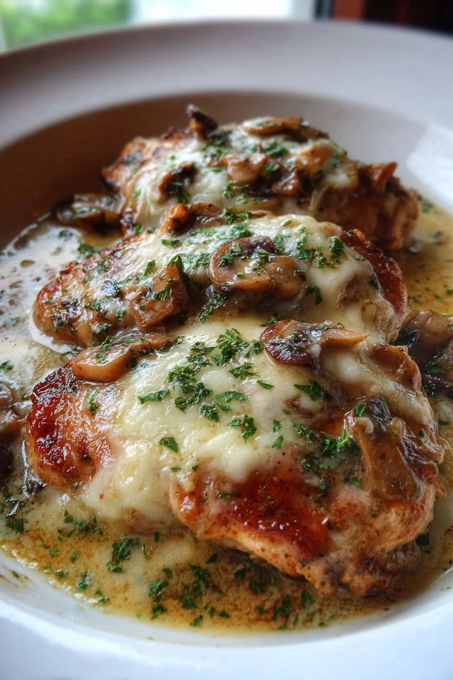 Delicious Chicken Lombardy served with mushrooms and cheese