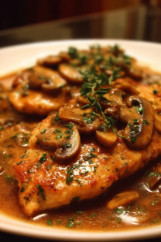 Plate of Chicken Marsala with mushrooms and herbs on a white background
